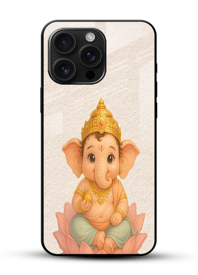 Baby Ganesha sitting on lotus glossy vibrant premium glass back cover blessing theme - Angle Front