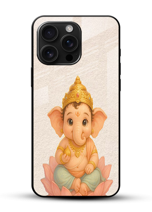 Baby Ganesha sitting on lotus glossy vibrant premium glass back cover blessing theme - Angle Front