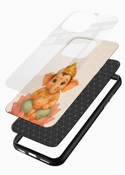 Baby Ganesha sitting on lotus glossy vibrant premium glass back cover blessing theme - Angle Layers