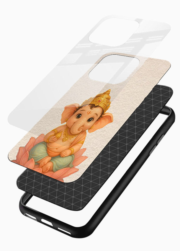 Baby Ganesha sitting on lotus glossy vibrant premium glass back cover blessing theme - Angle Layers