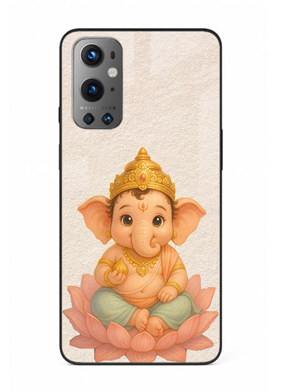 Baby Ganesha sitting on lotus OnePlus 9 glass back cover blessing theme