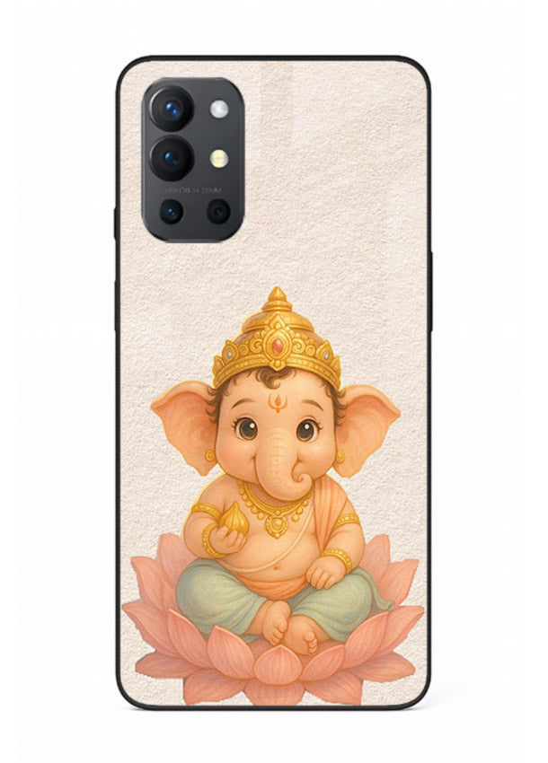Baby Ganesha sitting on lotus OnePlus 9R glass back cover blessing theme