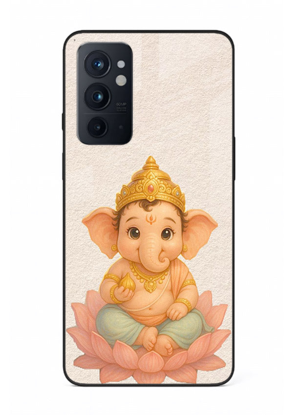 Baby Ganesha sitting on lotus OnePlus 9RT glass back cover blessing theme