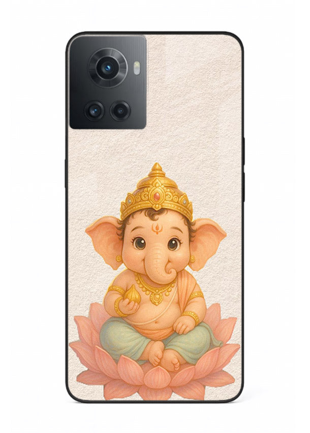 Baby Ganesha sitting on lotus OnePlus 10R glass back cover blessing theme
