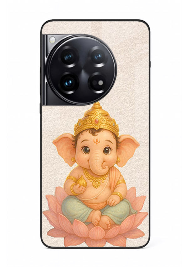 Baby Ganesha sitting on lotus OnePlus 12 glass back cover blessing theme