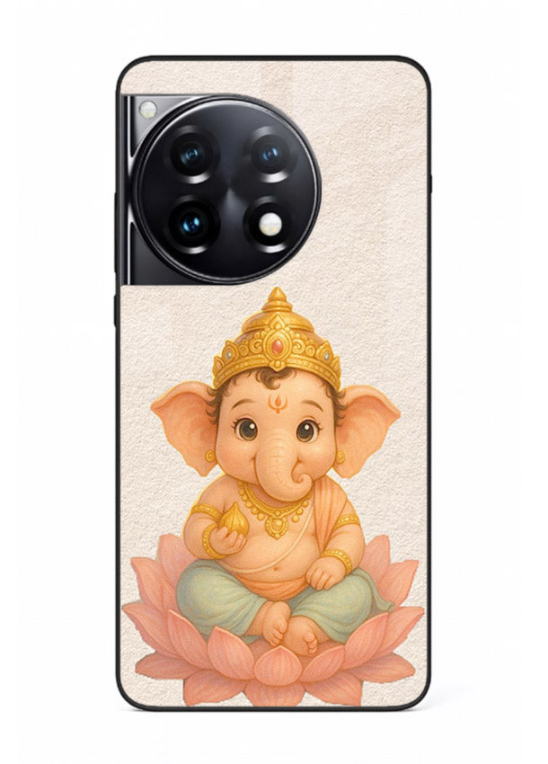 Baby Ganesha sitting on lotus OnePlus 12R glass back cover blessing theme