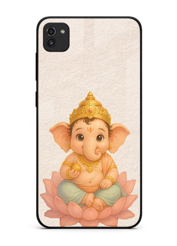 Baby Ganesha sitting on lotus Samsung A03 glass back cover blessing theme