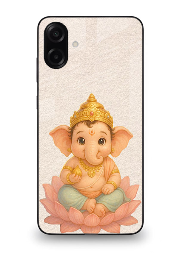 Baby Ganesha sitting on lotus Samsung A06 5G glass back cover blessing theme