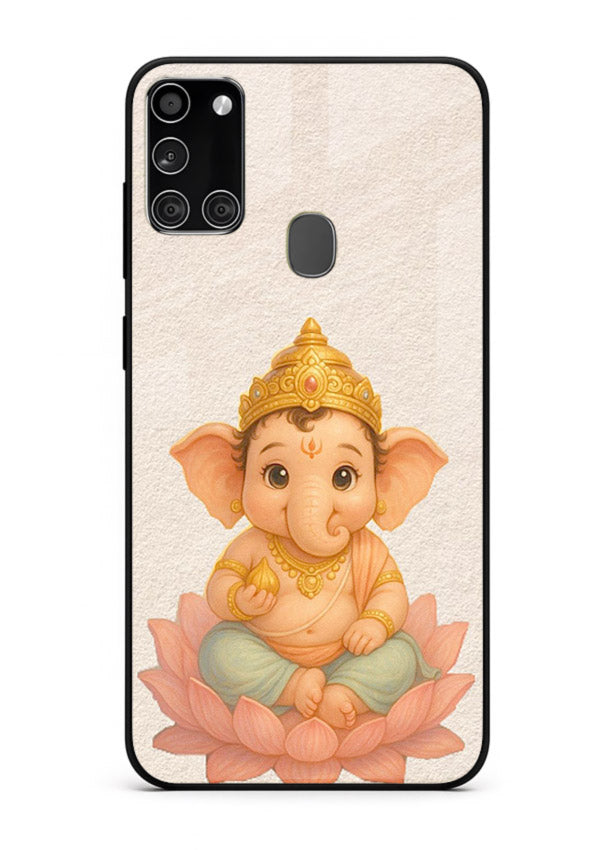 Baby Ganesha sitting on lotus Samsung A21s glass back cover blessing theme