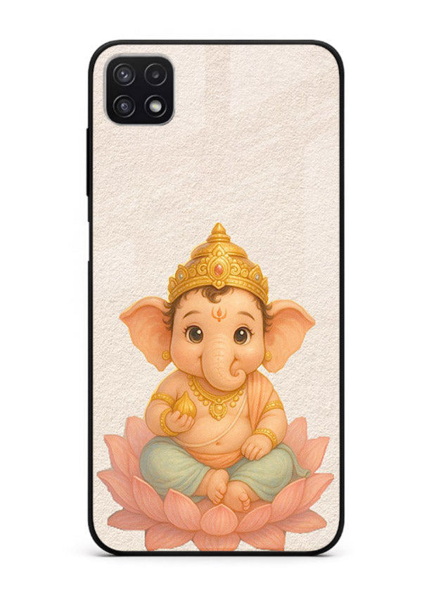 Baby Ganesha sitting on lotus Samsung A22 5G glass back cover blessing theme