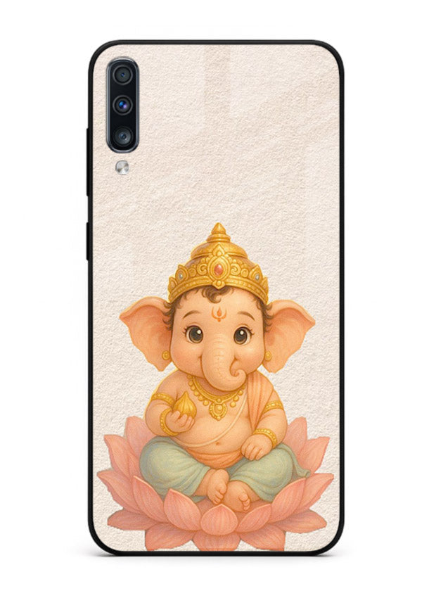 Baby Ganesha sitting on lotus Samsung A70 glass back cover blessing theme