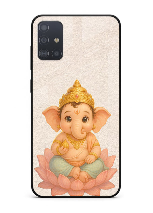 Baby Ganesha sitting on lotus Samsung A71 glass back cover blessing theme