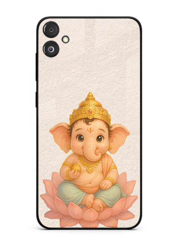 Baby Ganesha sitting on lotus Samsung F04 5G glass back cover blessing theme
