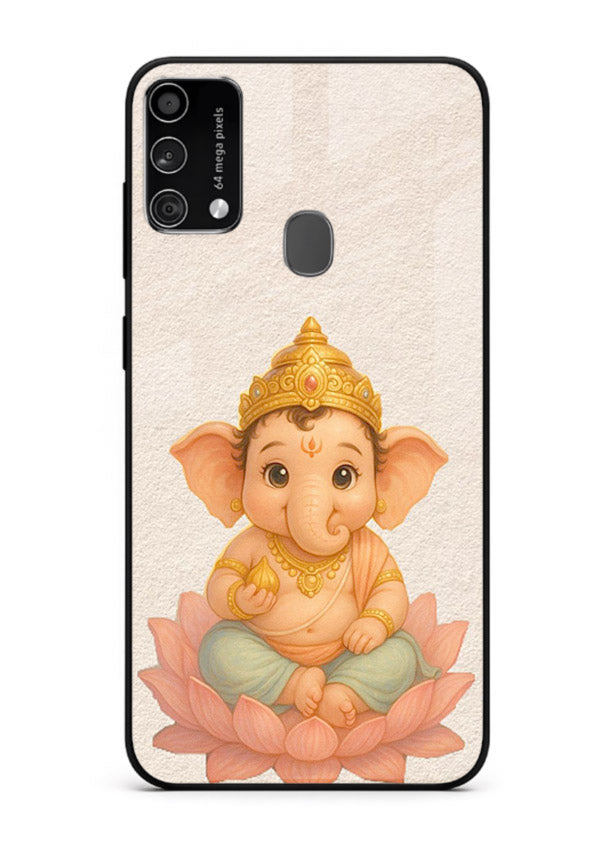 Baby Ganesha sitting on lotus Samsung F41 glass back cover blessing theme
