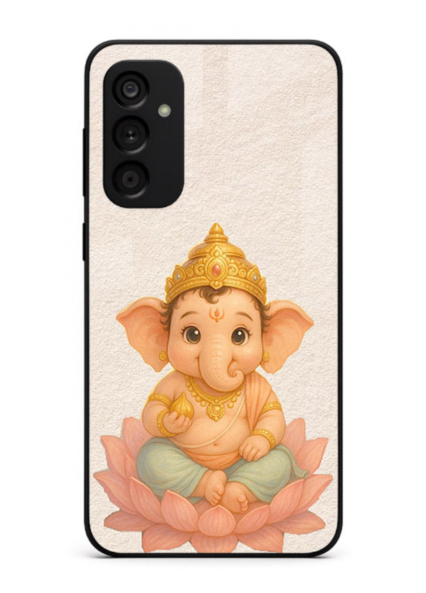 Baby Ganesha sitting on lotus Samsung A34 5G glass back cover blessing theme