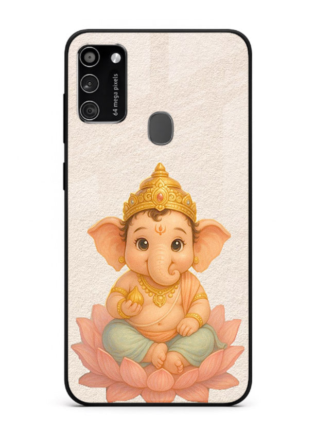 Baby Ganesha sitting on lotus Samsung M21 glass back cover blessing theme