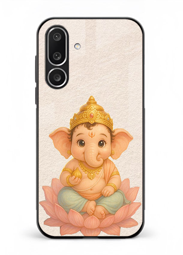 Baby Ganesha sitting on lotus Samsung M36 5G glass back cover blessing theme