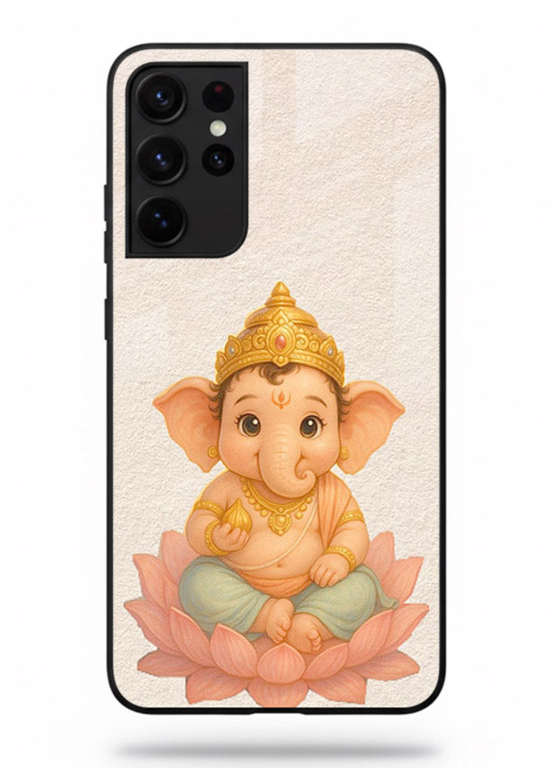 Baby Ganesha sitting on lotus Samsung S21 Ultra glass back cover blessing theme