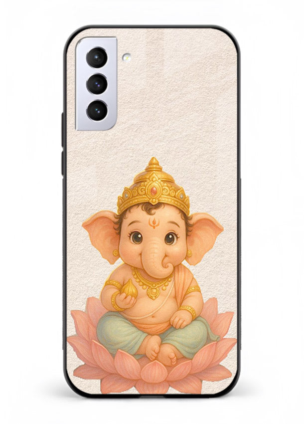 Baby Ganesha sitting on lotus Samsung S21 Plus glass back cover blessing theme
