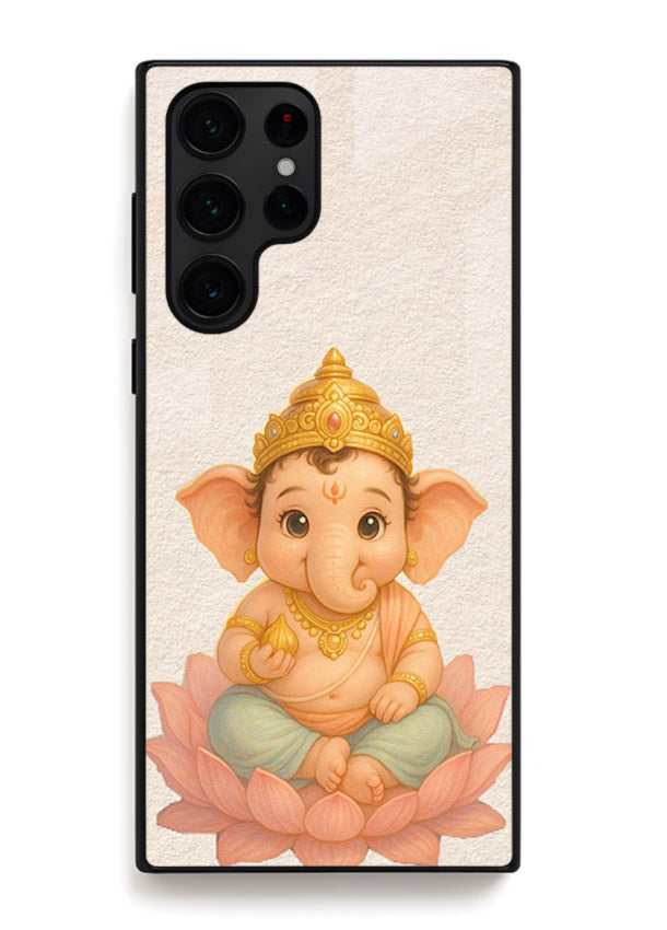 Baby Ganesha sitting on lotus Samsung S22 Ultra glass back cover blessing theme