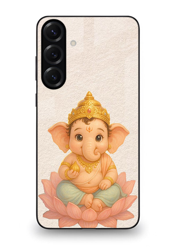 Baby Ganesha sitting on lotus Samsung A55 5G glass back cover blessing theme