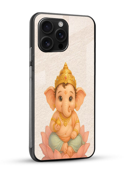 Baby Ganesha sitting on lotus glossy vibrant premium glass back cover blessing theme - Angle Side