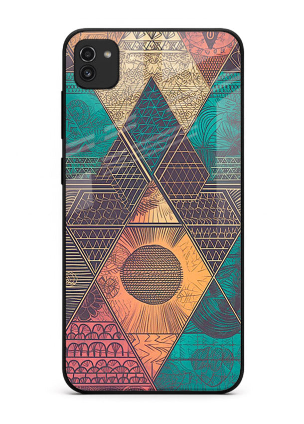 Geometric Tribal Sunset tribal geometric sunset pattern Samsung A03 glass back cover