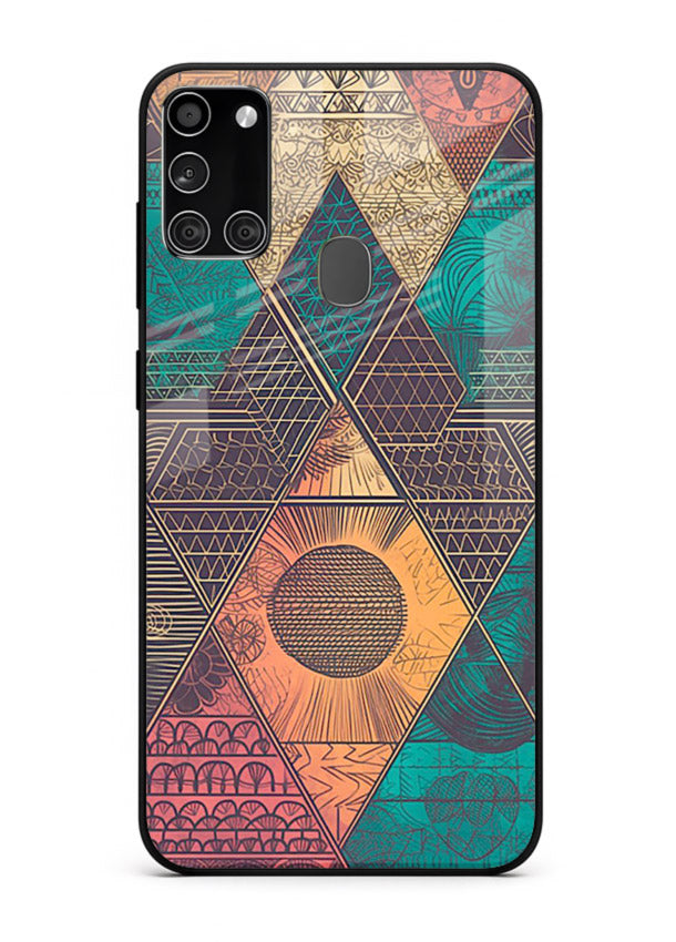 Geometric Tribal Sunset tribal geometric sunset pattern Samsung A21s glass back cover