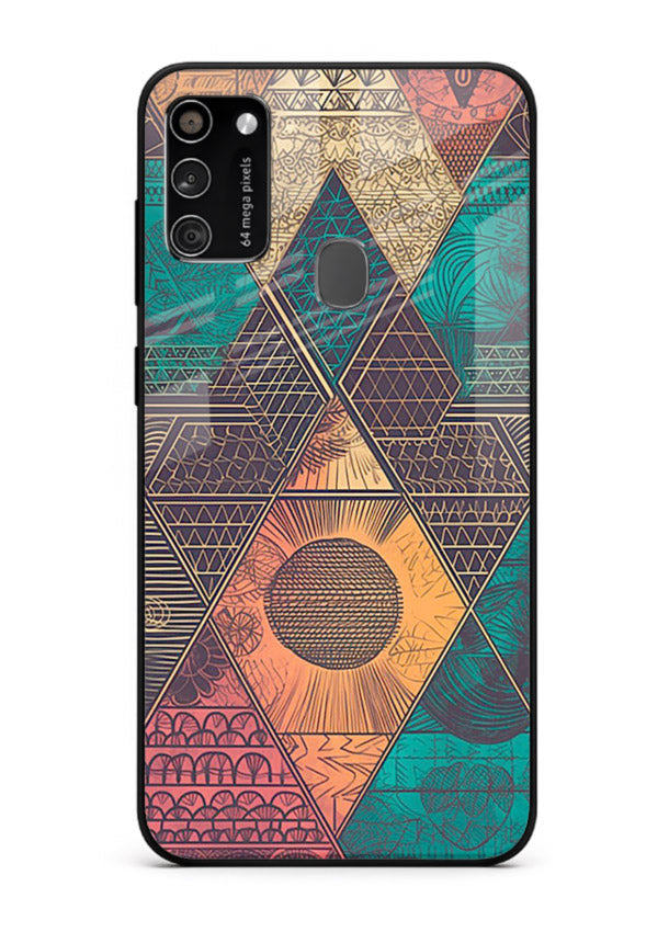 Geometric Tribal Sunset tribal geometric sunset pattern Samsung M30s glass back cover