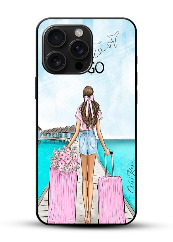 Girl Airport Departure illustration glossy vibrant premium glass back cover - Angle Front