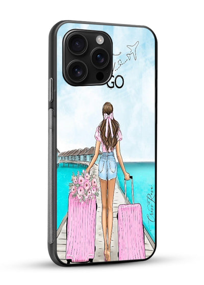 Girl Airport Departure illustration glossy vibrant premium glass back cover - Angle Side