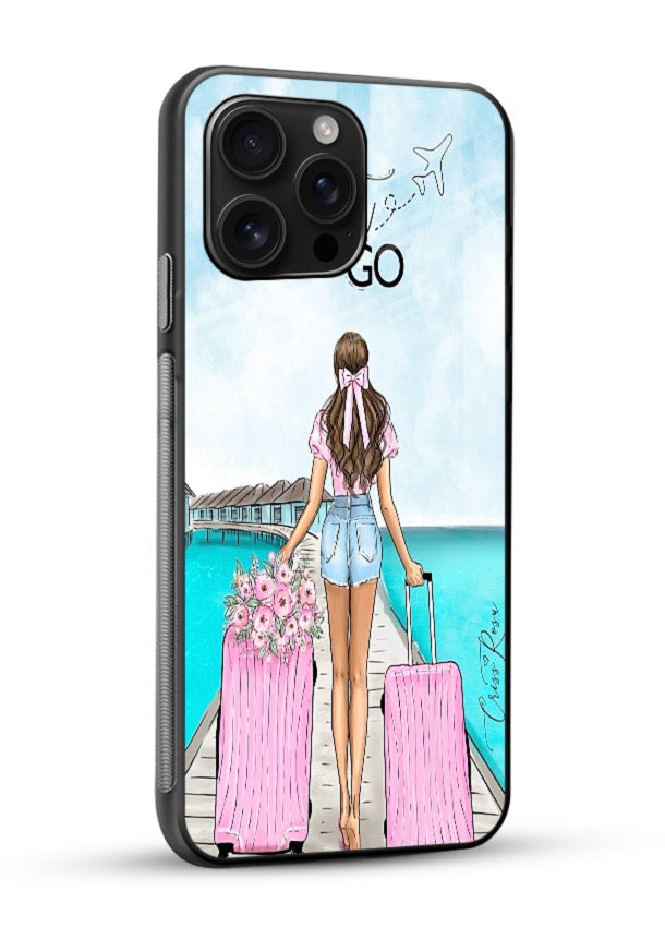 Girl Airport Departure illustration glossy vibrant premium glass back cover - Angle Side