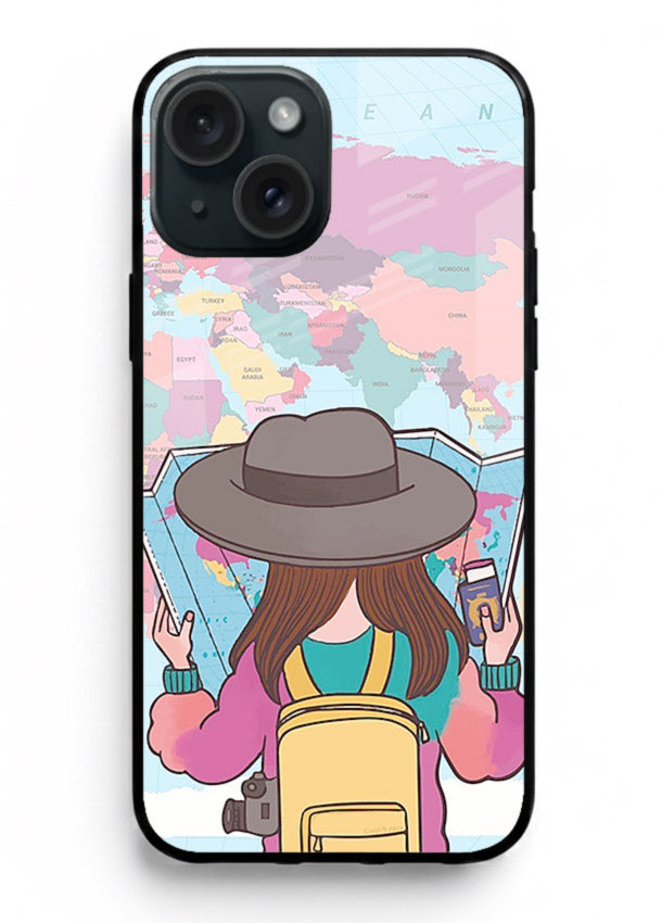 Girl With Map illustration iphone 15 plus glass back cover