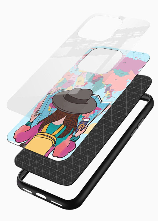 Girl With Map illustration glossy vibrant premium glass back cover - Angle Layers