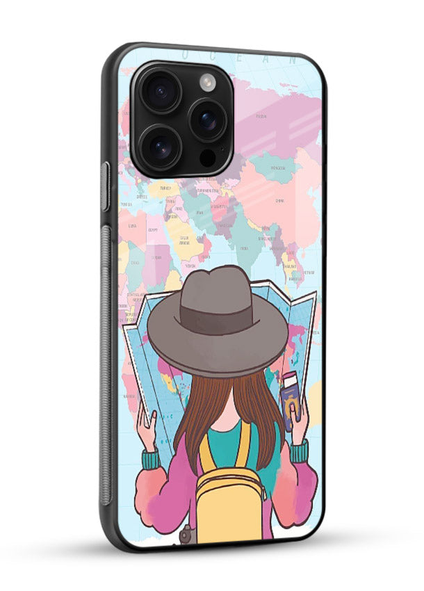 Girl With Map illustration glossy vibrant premium glass back cover - Angle Side