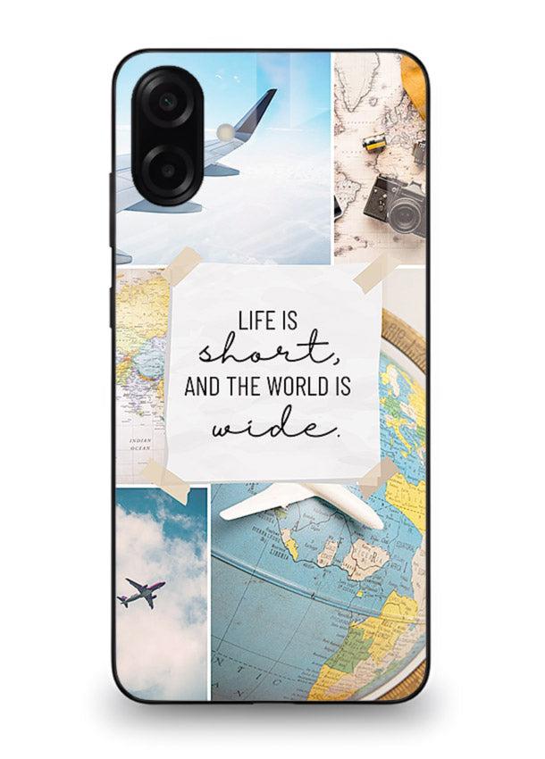 Globe Map Quote travel artwork Samsung A06 5G glass back cover