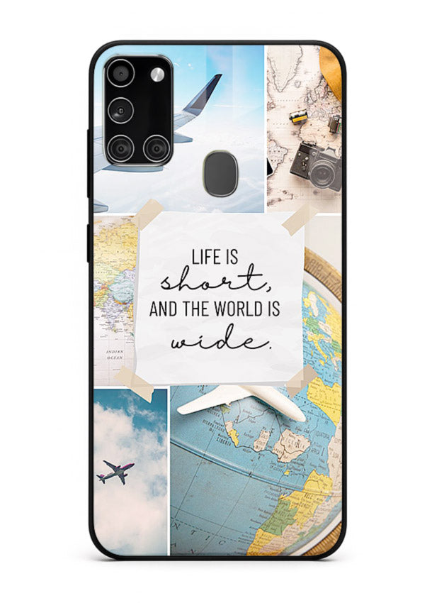 Globe Map Quote travel artwork Samsung A21s glass back cover