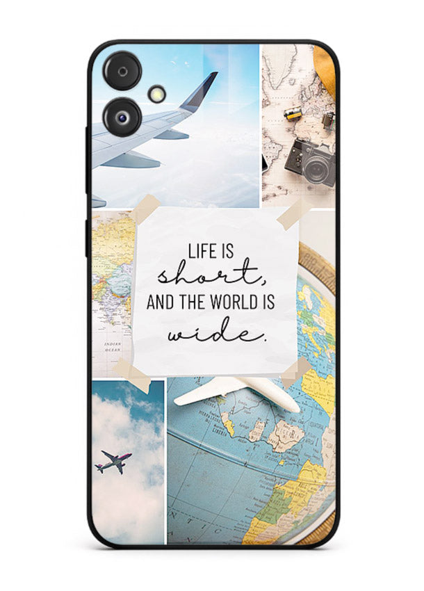 Globe Map Quote travel artwork Samsung F05 5G glass back cover