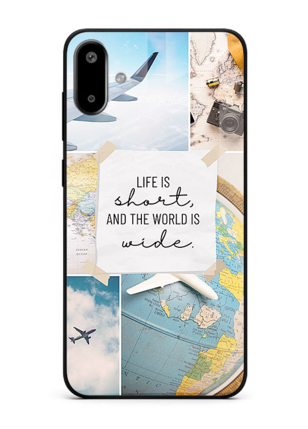 Globe Map Quote travel artwork Samsung F06 5G glass back cover