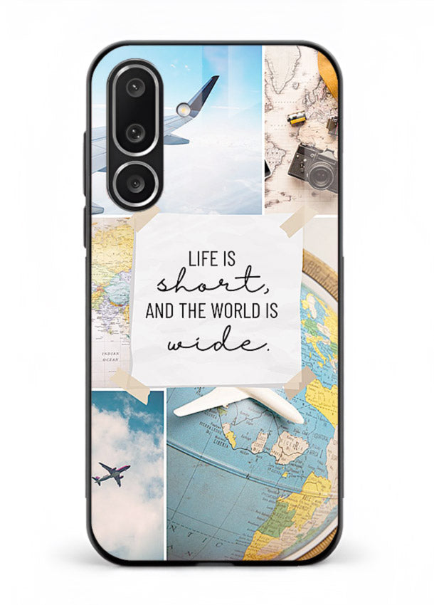 Globe Map Quote travel artwork Samsung F56 5G glass back cover