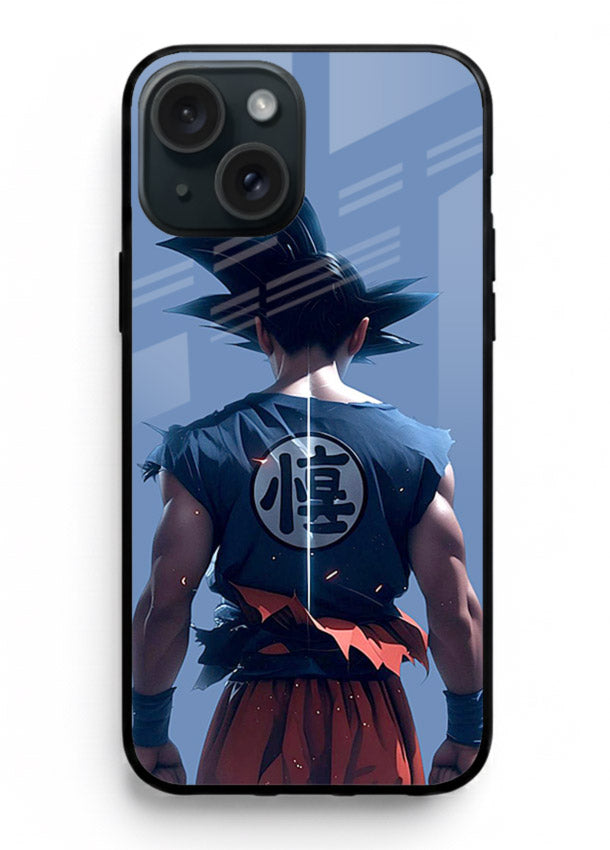 goku back view calm anime art iphone 15 plus glass cover sunset inspired dbz case
