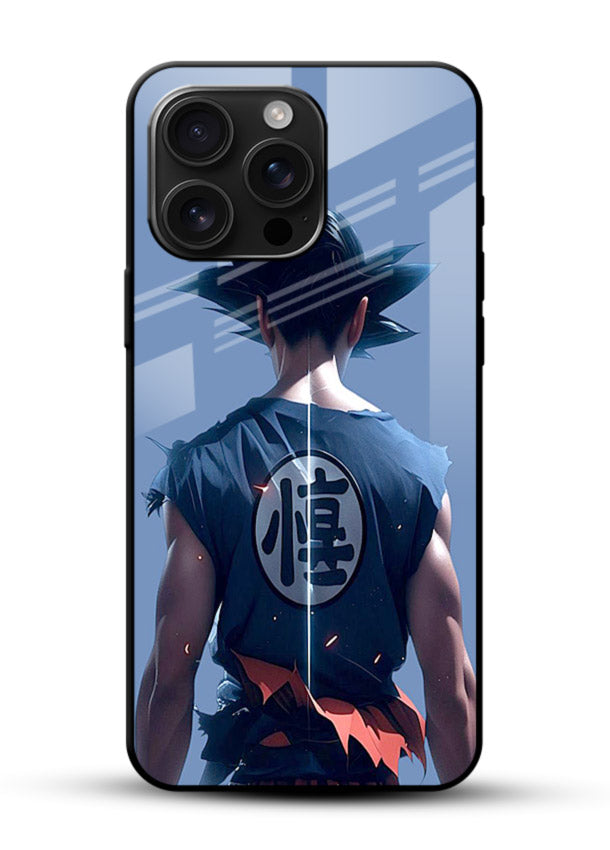 goku back view calm anime art glossy vibrant premium glass cover sunset inspired dbz case - Angle Front