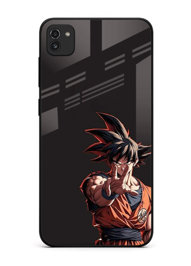 goku battle ready black anime art Samsung A03 glass cover intense dbz action case