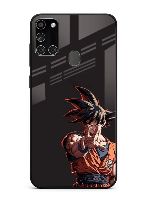 goku battle ready black anime art Samsung A21s glass cover intense dbz action case
