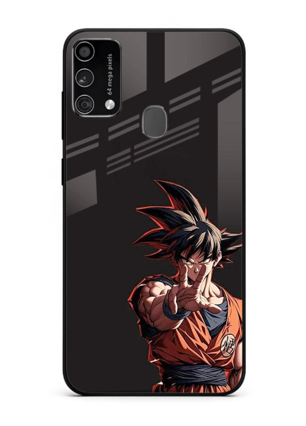 goku battle ready black anime art Samsung F41 glass cover intense dbz action case