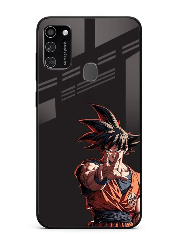 goku battle ready black anime art Samsung M30s glass cover intense dbz action case
