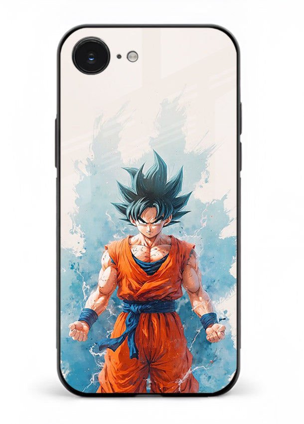 goku blue aura power anime art iphone 16e glass cover glowing dbz transformation case