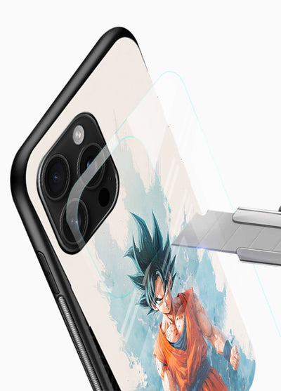 goku blue aura power anime art glossy vibrant premium glass cover glowing dbz transformation case - Angle Blade