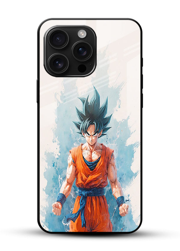 goku blue aura power anime art glossy vibrant premium glass cover glowing dbz transformation case - Angle Front
