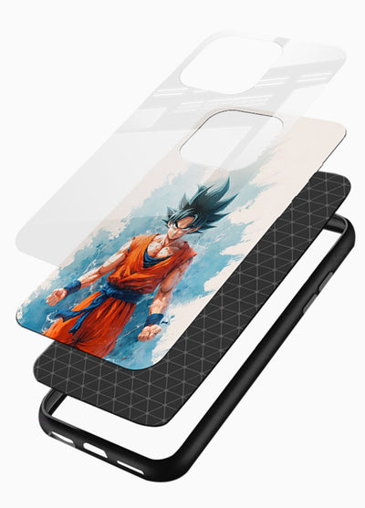 goku blue aura power anime art glossy vibrant premium glass cover glowing dbz transformation case - Angle Layers